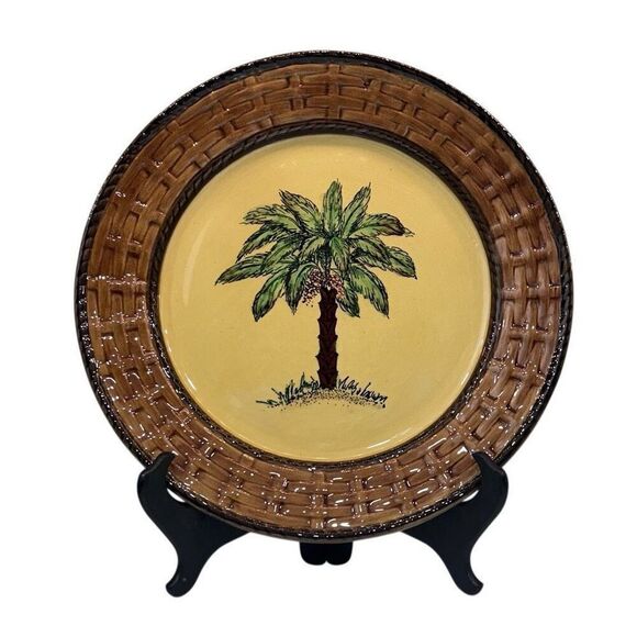 Pacific Rim Decorative Plate Round 10 3/4" Hand Painted Palm Tree Basket Weave - Picture 2 of 9